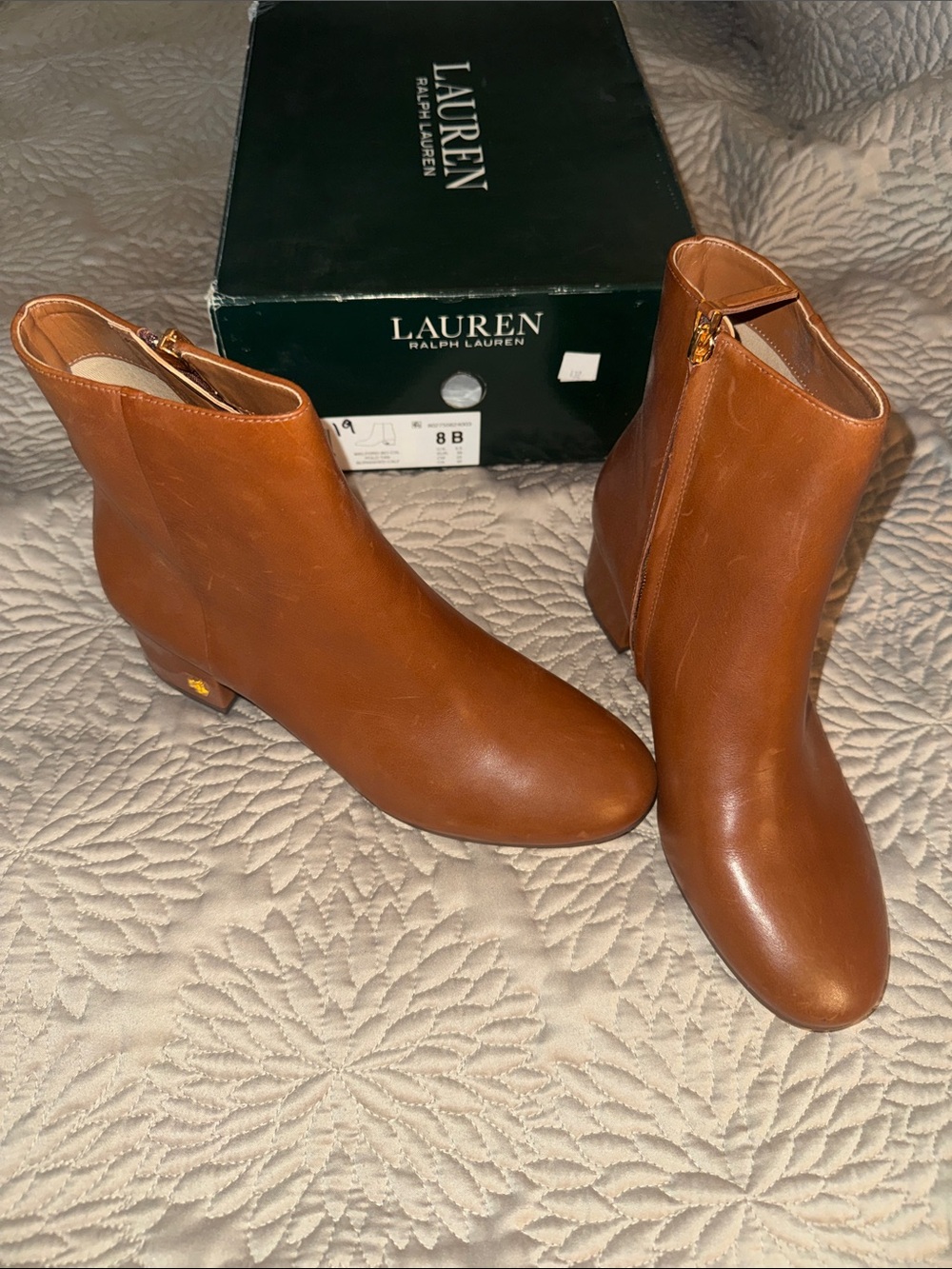 Lauren Ralph Lauren Tan Leather Ankle Booties with Side Zip